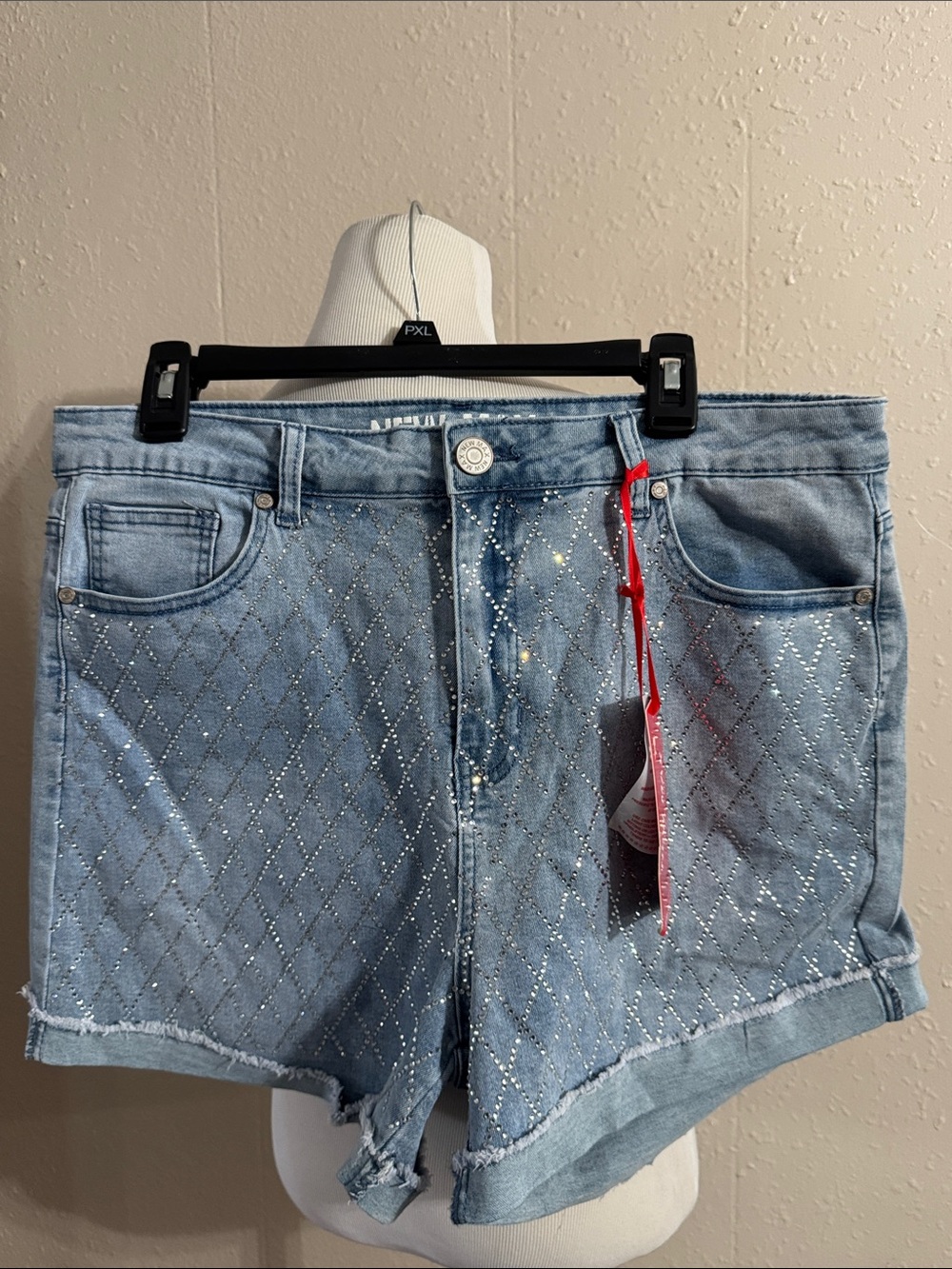 Women's Light Blue Denim Shorts with Studded Diamond Detail